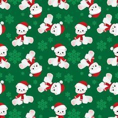 a green background with white teddy bears and snowflakes