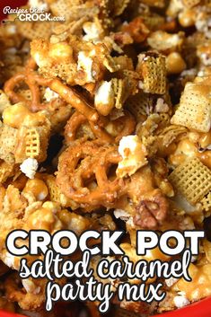 crock pot salted caramel party mix in a red bowl with text overlay