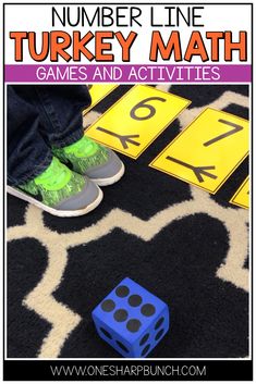 a number line turkey math game with two blue dices on the floor next to it