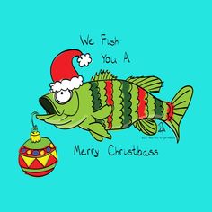 a cartoon fish with a santa hat on it's head is swimming next to a christmas ornament