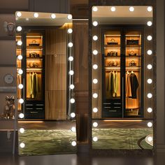 a lighted dressing room mirror with lights on the doors and shelves in front of it