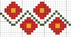 a cross stitch pattern with three red flowers on it's sides and two green stems in the middle