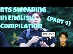 two people standing next to each other with text over them that reads, bts swearing in english part 4 compilation really?