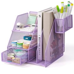 a purple desk organizer with pens and markers