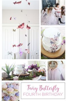 a collage of photos with pink and purple flowers, butterflies, fairy birthday cake