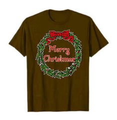 a t - shirt that says merry christmas with a wreath and bow on the front