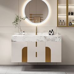 a bathroom with a round mirror above the sink and marble counter top on the wall