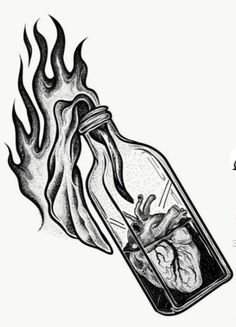 a drawing of a heart in a bottle with fire coming out of it