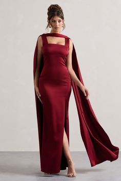 Intuition | Burgundy Satin Square-Neck Split Maxi Dress With Scarf Burgundy Silk Dress Long, Dresses With Neck Scarf, Satin Square Neck Dress, Burgundy Grad Dress, Neck Scarf Dress, Burgundy Birthday, Maxi Dress With Scarf, Trust Intuition, Square Neck Maxi Dress