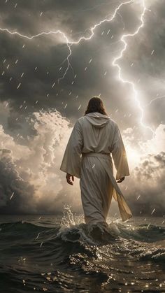 jesus walking in the water with his arms wrapped around him, under a stormy sky