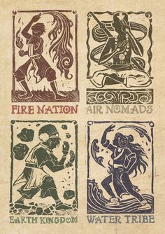 an old book with four different types of stamps on it's cover, including the words fire nation air nomads earth kingdom water tribe