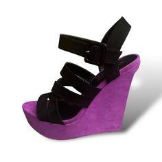 Brand New Never Worn Black And Purple Suede Size 8 Casual Purple Heels, Casual Purple Synthetic Heels, Black Strappy Wedges, Qupid Shoes, Strappy Wedges, Purple Suede, Black And Purple, Womens Shoes Wedges, Purple Black