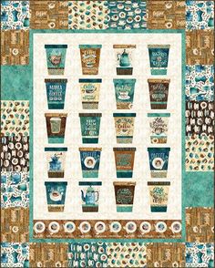 a quilt with coffee cups on it