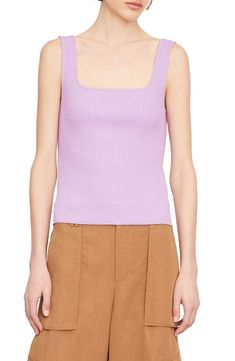 A finely ribbed tank offers a close fit that works wonders as a casual first layer or a sassy solo player. Square neck 46% cotton, 30% viscose, 22% polyester, 2% spandex Machine wash, dry flat Imported Spring Ribbed Tank Top, Fitted Ribbed Tops For Spring, Spring Ribbed Tank Knit Top, Ribbed Tank Knit Top For Spring, Spring Everyday Ribbed Tops, Spring Ribbed Tops For Everyday, Fitted Cotton Tank Knit Top, Ribbed Tank Top For Spring, Trendy Ribbed Tank Top For Spring