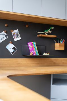 there is a desk with books and pictures on it