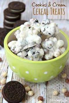 cookies and cream krispie treats in a green bowl