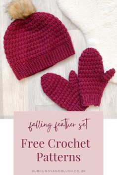 the free crochet hat and mittens pattern is shown with text overlay