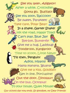 a poster with different animals and words on it's side, including the names