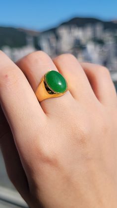 The 'Anyang Royal Jade Ring' symbolizes the ancient Chinese city of Anyang, the birthplace of Chinese civilization 3000 years ago. This beautiful piece symbolizes strength and legacy through its robust and striking design. Ring Sizes available. Specifications vary according to Ring Size. Typical specifications for Size US 10 are shown below (Ring as seen in the images). Materials: 3.75g 14K gold, 0.6g Jade  Dimensions: 25.89 x 20.25 x 15 mm Gross Weight: 4.35g Jade Ring, Jade Jewelry, Ancient Chinese, Rings Statement, Jade, Statement Rings, Ring Size, Jewelry Rings, Jewelry Design