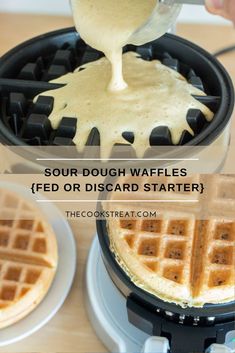 some waffles are being drizzled with syrup