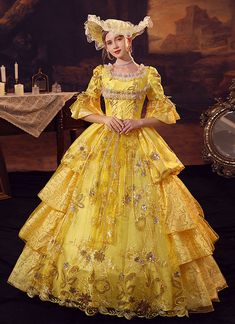 Yellow 18th Century Inspired Ball Gown Dress for Women Condition: Brand New  Color:Yellow  Material: This dress made of High Quality Jacquard, soft,smooth and comfortable to wear  Sleeve Length: Half Flare Sleeve  Dresses Length:Floor-Length  Neckline: amp;nbsp; Square Collar  Decoration: Ruffles + Lace + Bow  Package Includes: One Dress (The Hat not includes)   The length of skirt about 45 inches (114 cm) long from waist to hem regardless of size. This dress is pictured with a 6-hoop skirt Pett Gothic Masquerade, Masquerade Party Dresses, Marie Antoinette Costume, Masquerade Ball Gown, Tudor Dress, Period Dress, Hoop Skirt, Victorian Period, Party Dresses Online