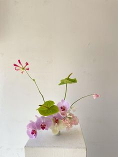 some pink and white flowers are in a vase on a table next to a wall