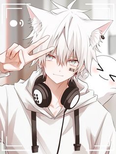 an anime character wearing headphones and holding his hand up to the side with one eye open