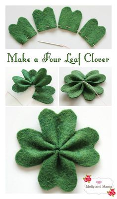 four leaf clovers made out of felt are shown with instructions to make them look like they