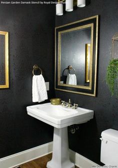 a black and white bathroom with gold trim on the mirror above the sink, toilet paper roll in front of it