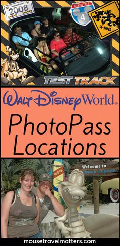 the disneyland world photopass location is located in front of an amusement park and features characters from disney's animated movie cars