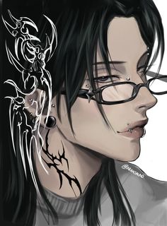 a drawing of a woman with glasses and tattoos on her neck, looking to the side