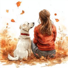 Girl With Dog, Autumn Girl, Dog Clipart, Decal Paper, Planner Scrapbook, Watercolor Illustrations, Nature Journal, Nature Illustration, Girl Falling