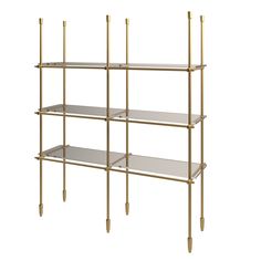 a gold and glass shelf unit with three shelves on one side, two metal bars on the other