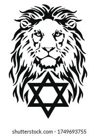 the head of a lion with a star of david on it's chest, in black and white