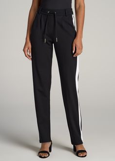 About Our Pull On Tuxedo Stripe Pants for Tall Women Shopping for pants for tall women can be a pain. We know the struggle of finally finding a pant that's long enough while finding the rest of the size is much too big. That’s why we’ve created these tall women’s pants intentionally for heights from 5’9 to 6’6, with the extra-long inseam you need, and none of the baggage you don’t. These pull-on bottoms are an elevated everyday option with their draping, stretch-infused fabric and front knife pl Black Straight Pants With Elastic Side Panels, Black Pants With Elastic Side Panels For Work, Black Trousers With Elastic Side Panels, Black Workwear Pants With Elastic Side Panels, Black Bottoms With Elastic Side Panels For Work, Black Straight Leg Pants With Elastic Side Panels, Women In Black And White, Pants For Tall Women, Knife Pleats