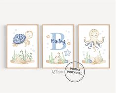 three nursery wall art prints featuring sea animals and the letter b