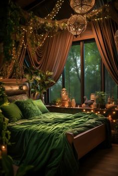 a bedroom decorated in green and gold with lights hanging from the ceiling, plants on the bed