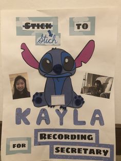 a sign that has been placed in front of a wall with pictures on it and the words, stick to stitch kayla recording for secretary