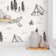 there is a wallpaper with a tent and trees on it