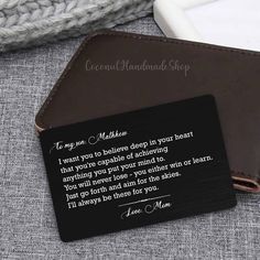 a leather wallet with a poem on it