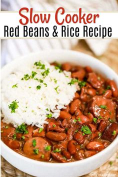 slow cooker red beans and rice in a white bowl