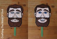 two pictures of the same man's face on a stick