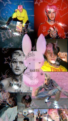 a collage of photos with the same person in different outfits and colors, including pink bunny ears