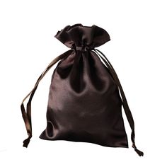 a brown satin bag is shown on a white background, with the draws pulled back to reveal it's contents