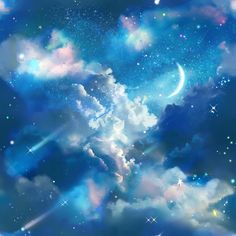 the sky is filled with stars and clouds, as if they were falling from the sky