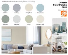 a living room with different shades of gray and blue in the same color palettes