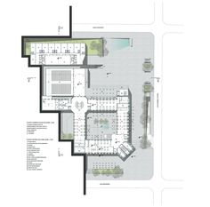 an architectural drawing shows the ground plan for a building with multiple levels and several floors