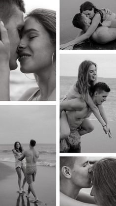 black and white photos of people on the beach with one woman kissing another man's cheek