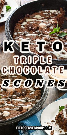 keto triple chocolate scones in a cast iron skillet on a wooden table