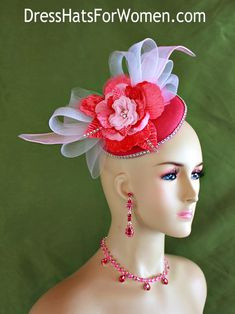 Women’s Watermelon Red Sinamay Straw Flower Fashion Designer Haute Couture Hat Headpiece Wedding Fascinator Hair Accessory. A Large White Crinoline Horsehair Bow Trimmed With Handmade Pink Organza Leaves Are Placed On A Simulated Watermelon Red Sinamay Straw Round Base, Accented With A Custom Dyed Handmade Watermelon Red Vintage Velvet And Pink Silk Flower. A Beautiful Smaller Pink Organza Flower Is Placed In The Center Embellished With Pearls And Rhinestones.  Acrylic Rhinestone Embellishments Are Added On The Flowers Leaves And Around The Base Of This Fascinator For A Couture High Fashion Look. This Formal Art Deco Styled 1920’s Style Flapper Hat Wedding Headpiece Can Be Worn In Different Positions. This ladies bespoke couture formal designer wedding fascinator hat is appropriate to wear Organza Leaves, Special Occasion Hats, Fascinator Hair, Custom Made Hats, Bridal Fascinator, Couture Hats, Vintage Rhinestone Brooch, Watermelon Red, Organza Flowers